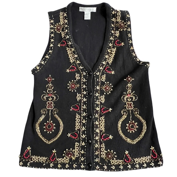 Claudia D Vest Ugly Christmas Sweater Heavily Embellished Gold Beading Black 90s - Picture 1 of 7